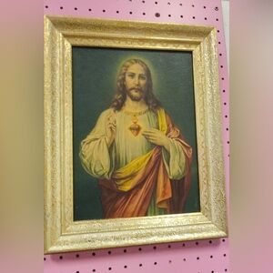Vintage Sacred Heart of Jesus art in white and gold frame, Easter, religious